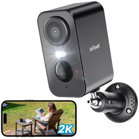ieGeek Telecamera Wi-Fi Esterno Senza Fili, Videocamera Sorveglianza WiFi Interno Batteria con Allarme, Rilevamento Movimento PIR, 2K Visione Notturna a Colori, 2 Vie Audio, Locale/Cloud, IP65, Nero