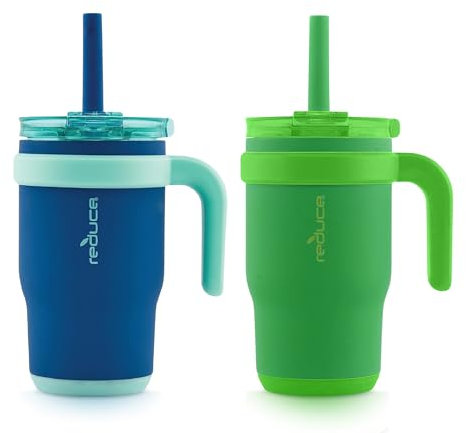 REDUCE Coldee Becher mit Griff für Kinder, 400 ml, auslaufsicherer, isolierter Edelstahlbecher mit Deckel und auslaufsicherem Strohhalm, hält Getränke bis zu 18 Stunden kalt, Kleegrün und nautischer
