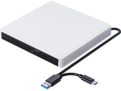 QDSYLQ Externes CD DVD Laufwerk, USB 3.0 Type-C Tragbar CD DVD +/-RW Brenner Optical Drive DVD Laufwerk Extern für Laptop, PC, Desktop, MacBook, iMac, Windows 11/10/8/7/XP/Linux/Vista/MacOS, Weiß