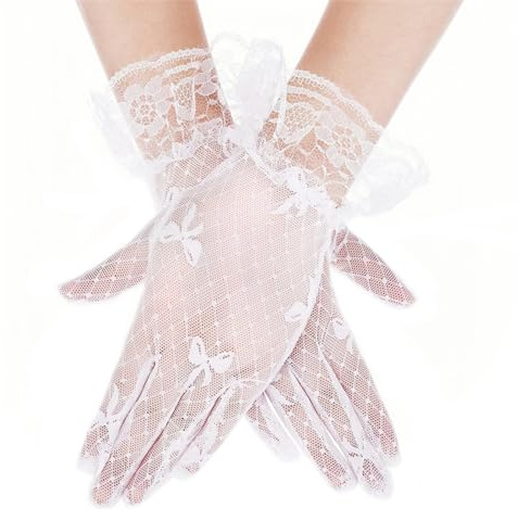 1 Paio Guanti Corti di Pizzo Eleganti Donna, Guanti Estivi in Pizzo Floreale, Fest Party Guanti da Galateo Sposa per Matrimoni Cena Balli Studenteschi Halloween Vestiti Accessori (B)