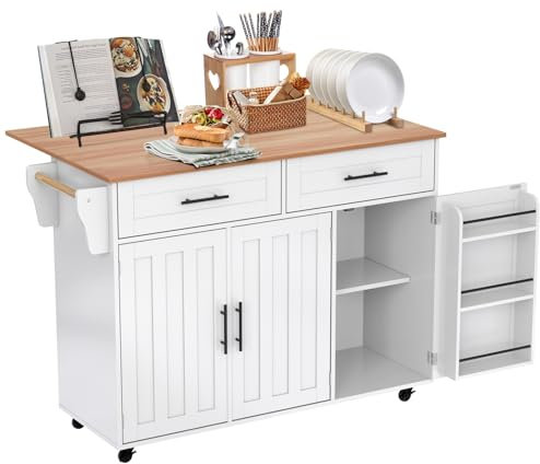 DRIXNO kücheninsel freistehend mit Klappbarer arbeitsplatte küchenschrank küchenwagen auf 5 Rollen, mit Ablage und 2 Schubladen, Weiß Für Esszimmer 129 * 71 * 91.5cm