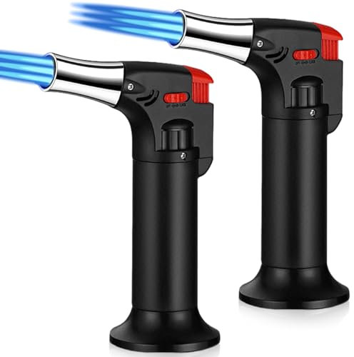 2 Stück Küche Flambierbrenner, Crème Brulée Brenner, Sturmfeuerzeug mit 3 Jetflammen, Nachfüllbare Gasfeuerzeug mit Sicherheitsschloss für DIY Gebäck Desserts Camping Einstellbar bis 1300°C(Schwarz)