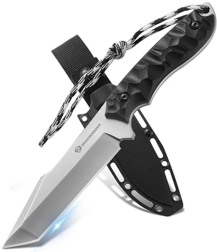 DRACHENADER Cuchillo B-ER-TANTO POINT, Outdoor Survival Cuchillo de hoja fija, 13 cm de longitud de hoja, cuchillo de cinturón de acero 5Cr14MoV, con funda (F-Hoja blanca+ mango negro)