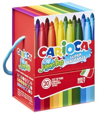 CARIOCA Jumbo: 30 Pennarelli Punta Grossa Lavabili in Scatola Rigida, Corpo Maxi per Disegno e Colorazione Bambini e Scuola