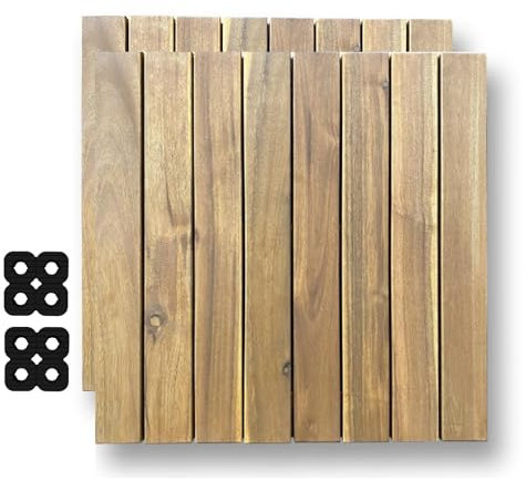 Spider-Deck Terrassenfliese aus Akazie mit Verbindungssystem 2 Stück x 60 x 60 x 5,5 cm = 0,72 m² Farbe: Golden Teak Inkl. 2 Gummiverbinder 10 x 10 x 1,5 cm und 2 x 9 Gummifüße Holzfliese
