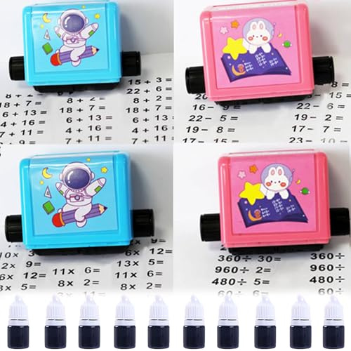 JIAMIAN Sello Digital De Enseñanza 4pcs, Herramienta De Entrenamiento De Preguntas Rodantes, Reutilizable, Suma, Resta, Multiplicación y División Dentro De 100, Adecuado Para Tutoría (Azul y Rosa)