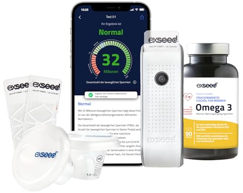 ExSeed Health Spermatest per la casa + Omega 3 capsule ad alto dosaggio – Test di fertilità per uomini con olio di pesce premium – Supporta la qualità dello sperma e gli ormoni – 2 test + 60 gel soft