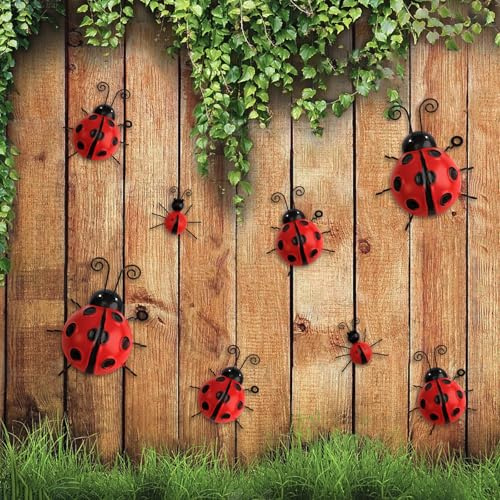 RETON 8 piezas de decoración de jardín de mariquita de metal, adornos de jardín al aire libre, lindas mariquitas arte de pared escultura 3D decoración de patio, escultura de insectos de hierro para