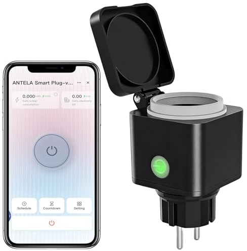 ANTELA Presa Smart Wifi per Esterno, Presa Wifi Intelligente Compatibile con Alexa e Google Home, Smart Plug Monitoraggio del Consumo Energetico, Telecomando, Timer, 2,4 Ghz, 16A, IP54