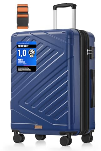SONGMICS Valigia Rigida, Trolley da Viaggio, Chiusura TSA, Cinghia Inclusa, Bagaglio in ABS con 4 Ruote Doppie, Valigia Espandibile, L, 65 x 45 x 25 cm, Blu Porto RLP002Q101
