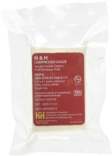 [3 Pack] H&H Primed Compressed Sterile Gauze, 4.5 x 4.1 Yards, 6-Ply White Cotton, PRIMED-001, Essential First Aid and Stop The Bleed Kit Supply for Home, Medical, and Tactical Use