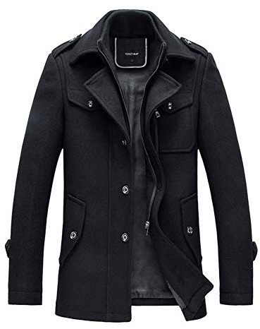 YOUTHUP Mens Wool Coats Casual Thick Short Winter Trench Coat Regular Fit Peacoat with Detachable Inner Collar, Black-thin, 3XL