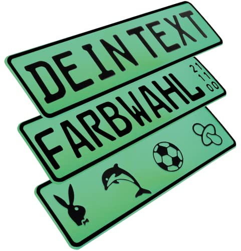 L & P Car Design FKZ 1 Stück Fun Kennzeichen 52cm x 11cm Wunschtext Bohrung Beschichtungsfarbe Wunschtext Individuell Wunschkennzeichen Wunschprägung Namens kennzeichen Namensschild Farbe GRÜN