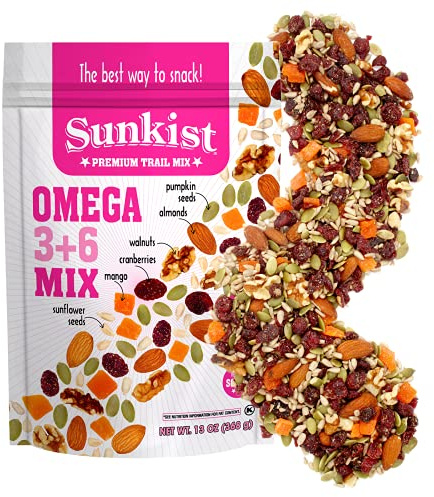 Sunkist® Omega 3+6 Trail Mix - Fruit, Nut and Seeds, Pumpkin and Sunflower Seeds, Mango, Almonds, Walnuts, and Cranberry | Gluten Free Premium Quality | 13 oz Resealable Bag (Sunkist® Omega 3+6 Trail Mix)