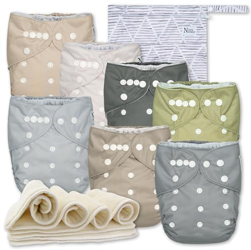 Nora's Nursery Paquete de 7 pañales de tela con 7 insertos y 1 bolsa húmeda, funda impermeable, lavables, reutilizables y pañales de bolsillo ajustables de talla única para recién nacidos y niños