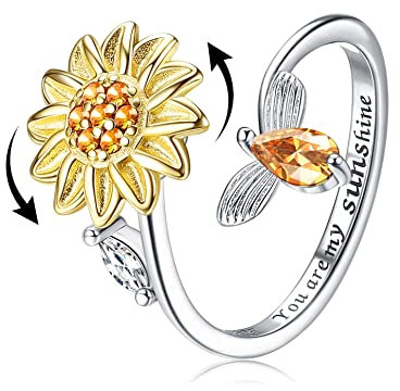 Finrezio 925 Sterling Silber Angst Ring für Damen Sonnenblumen-Spinner-Ring Offen Verstellbare Spinner Ringe CZ Blumen-Mond-Stern-Ringe Schmuck Geschenk zum Valentinstag