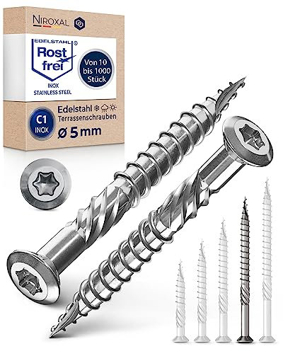 10 tornillos de terraza de 5 x 70 mm de largo, perfectos para tablones de terraza de 27 mm, acero inoxidable endurecido C1, Torx 25, tornillos para madera con rosca parcial de cabeza avellanada plana