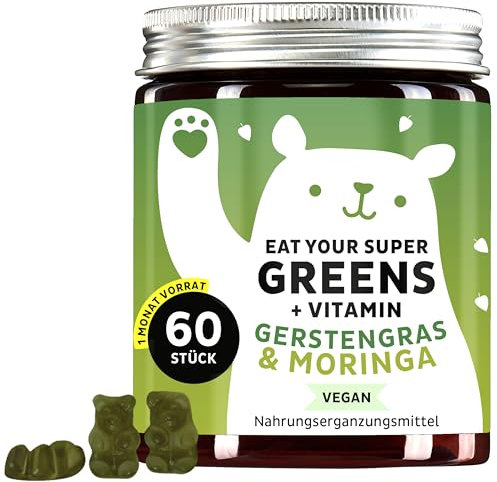 Hochdosierter Supergreens Vitaminkomplex - 8 Superfoods für Haare & Immunsystem - Gerstengras, Moringa, Chlorella, Zink, Eisen - 60 Stück - Vegan - Bears with Benefits​