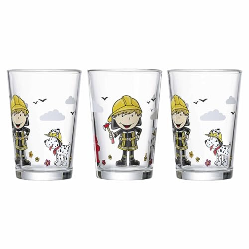Ritzhoff & Breker Barnglas brandman Bernie, set om 3, 205 ml, barnkopp med hjältemotiv, med hundföljeslagare Rocky, diskmaskinssäker