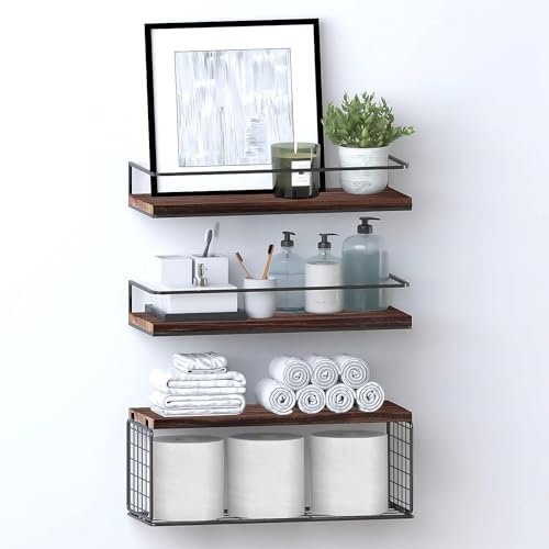 GIRYES Floating Shelves,Bathroom Shelves with Storage Basket,Over Toilet Paper Holder Storage Shelves,Wall Mounted Rustic Wood Shelves for Bathroom,Kitchens,Bedroom, Living Room,Set of 3