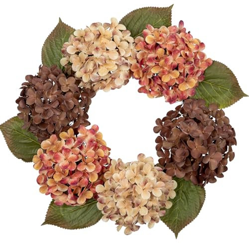 Corona artificial de 50 cm de hortensias artificiales para otoño, corona de puerta artificial para Halloween, idea de Acción de Gracias para tu puerta, decoración interior y exterior
