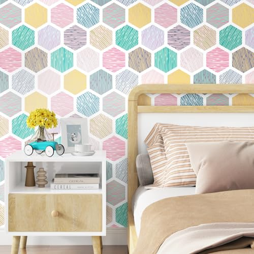 WESTICK Colorful Peel and Stick Wallpaper Hexagon Geometric Wallpaper Boho Contact Paper Self Adhesive Geometric Wallpapers for Kids Bedroom Girls Dresser Nursery Room Classroom Cabinets 17.5 x 100