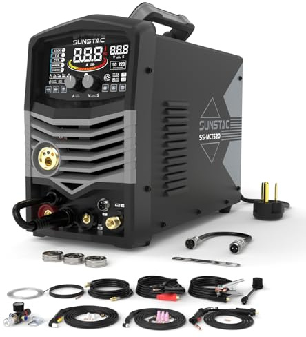 Sunstac Saldatrice MIG/Flux MIG/HF TIG/Stick 5 in 1 Macchina 50A Plasma Cutter 200A MIG e 180A Saldatore a Bastone 110/220V Saldatore Multi Processo a Doppia Voltaggio, SS-MCT520