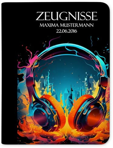 CreaDesign Customize A4 Zeugnismappe für Kinder - 26.7 x 32.7 x 1 cm, erweiterbar auf bis zu 20 Fächer, Sichtbuch ohne Klarsichthüllen, Neon Kopfhörer Design, Dokumentenmappe für Schüler