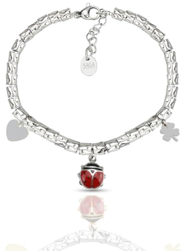 SAGA GIOIELLI® Bracciale Donna Granelli Pepite Martellate Acciaio Vari Pendenti (COCCINELLA ARGENTATA)