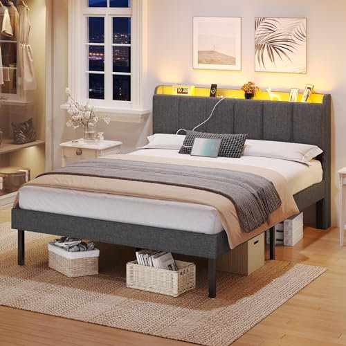 AOGLLATI Polsterbett 140 x 190 cm, Bettrahmen mit LED-Beleuchtung und Ladestation, Bettgestell mit Lattenrost, Jugendbett, Doppelbett mit Kopfteil aus Leinenstoff, Dunkelgrau (140x190 cm)