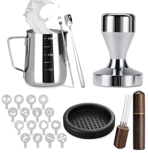 Espresso Accessories Kit 51mm Tamper: 51mm Espresso Tamper Set Espresso Kit Including Coffee Tamper, Milk Frothing Pitcher, WDT Tool Espresso, Tamper Mat, Latte Art Pen, Coffee Spoon, Coffee Stencils