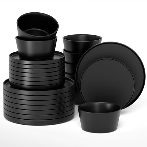 MIAMIO - Servizio di stoviglie per 8 / Set di 24 pezzi in gres moderno/Stoviglie – Lavabili in lavastoviglie e adatte al microonde – Collezione Luxe (Nero, Set di stoviglie (24x))