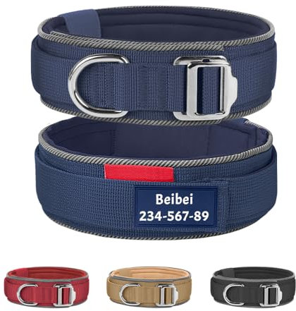 Personalised Reflective Tactical Dog Collar-Custom Name & Phone Number| Lightweight Nylon Military Collar with Soft Neoprene Padding & Control Handle for Medium to Large Dogs (Navy, L(17.3-20in))
