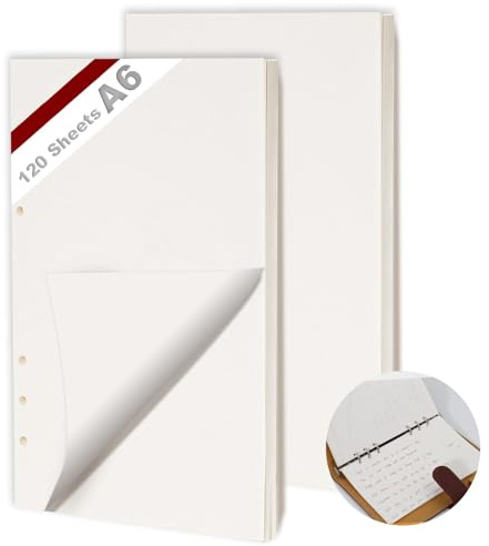 KINETOX Confezione da 2 fogli di carta bianca A6, 120 fogli di carta bianca, raccoglitore ad anelli a 6 anelli, inserto di ricambio per planner, quaderni, diari, album da disegno, planner