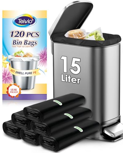 Teivio 15 Liter 120 Counts Strong Pedal Bin Liners, fit 12-15 Litre Small Rubbish Bags, Bathroom Waste Bin Liners, Plastic Trash Can Bags for home office kitchen, Black