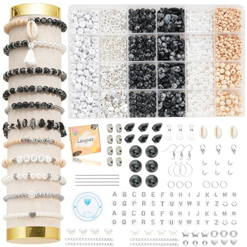 Leuyuee silverpärlor för armband naturlig Amazonit ädelsten pärlor set för att trä på kit pärlset pärlor för gör-det-själv armband gör själv smycken halsband örhängen kedja (CZ006-svart och vit)