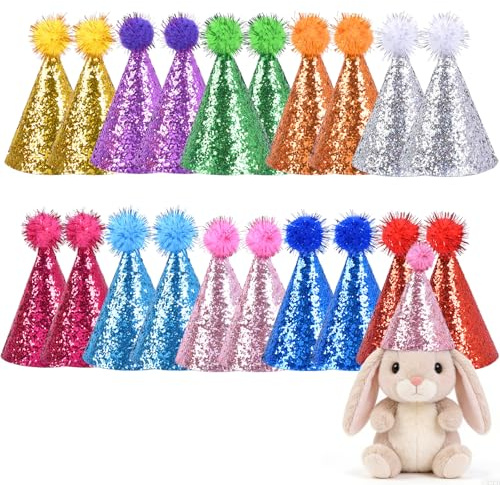 20 Pack Mini Birthday Hats for Stuffed - Animals with Pom Poms Glitter for Small Pets Stuffed Animal Hats Grooming Costume Accessories