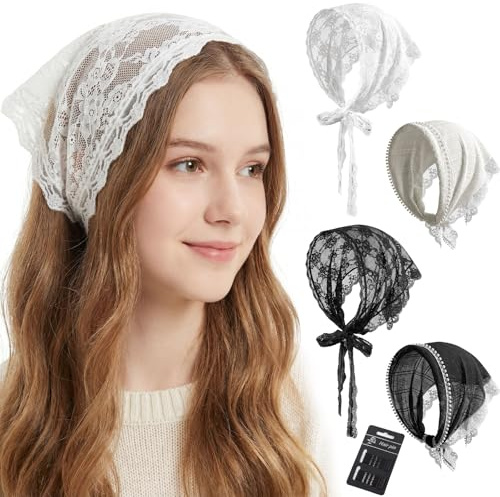 obeoby 4 Pack Lace Bandanas Head Scarf for Women, White Hair Scarf Bandana for Wedding Bridal Headband Kerchief Spring Summer Hair Accessories