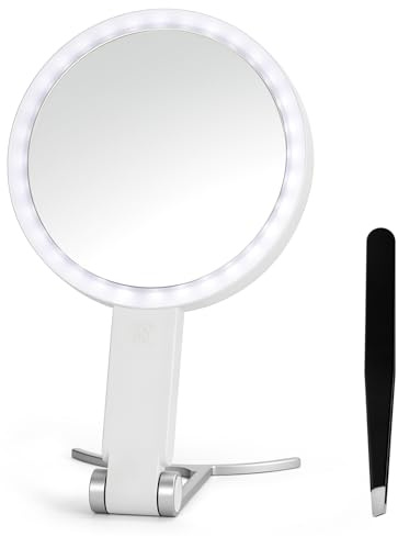 LN COZY CORNE Magnifying Mirror with Light, Double Sided 1X/30X Makeup Mirror, 56 LED Lights with 3 Color Modes & Adjustable Brightness, Foldable Travel Mirror with Tweezer, Handheld/Tabletop