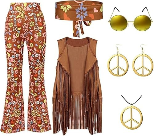 Costume Hippie Donna - Vestito Anni 70 per Festa a Tema, 6 pc Abito Fiore con Top Pantaloni Occhiali Orecchini Collana Pace e Panno per la Testa per Carnevale, Vestiti Donna per Party e Eventi