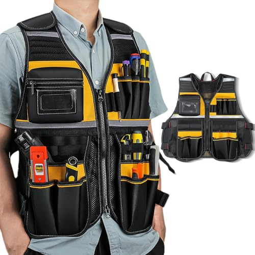 - Gilet à outils avec poches – Gilet robuste, matériau léger et, ajustement réglable, plusieurs poches | Gilets de travail pratiques pour mécaniciens, entrepreneurs et travail