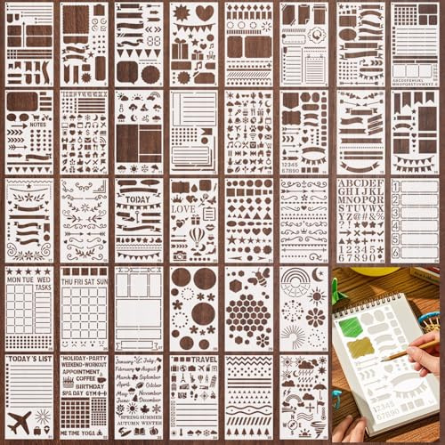Bafutayawa Bullet Journal Set de plantillas 36 piezas Plantillas de dibujo Plástico reutilizable Plantilla Letras Números Banners para diario agenda cuaderno pintura DIY
