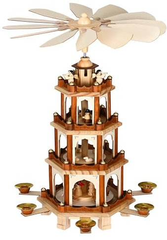 Spielwerk Pyramide de Noël en Bois véritable Brun Peint à la Main 12 hélices 6 bougeoirs décoratifs Figurines 4 étages noël Personnage de Noël fête
