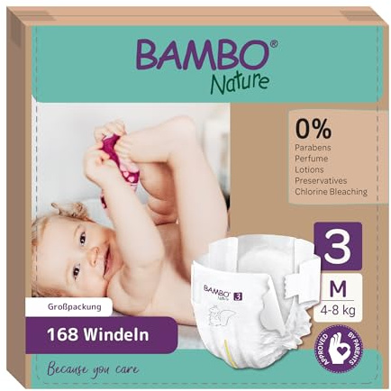 Bambo Nature Pannolini per bambini taglia 3 (4-8 kg) 168 pz. Scatola mensile | Pannolini premium con una migliore protezione dalle perdite | Massimo comfort per i neonati | Dermatologicamente testati