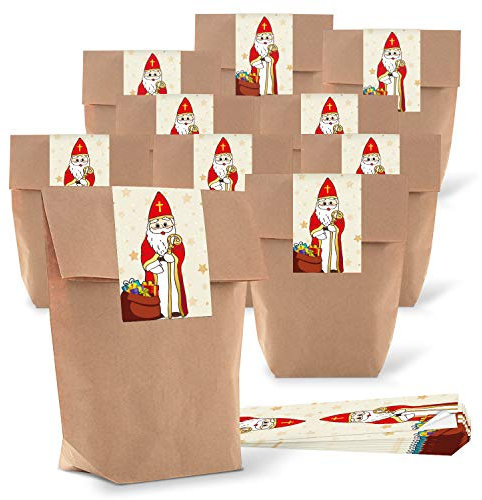 Logbuch-Verlag Lot de 10 petits sacs cadeaux de Saint-Nicolas 16,5 x 6,5 x 26 cm Emballage bonbons pour enfants et adultes