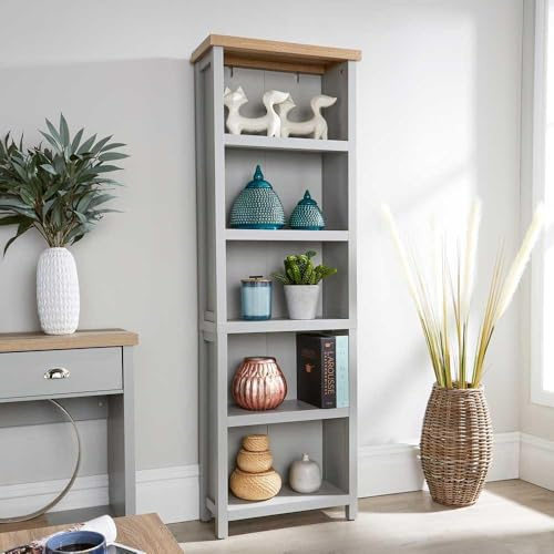 Home Source Tall Bookcase Display Unit, 5 Bookshelves, Oak Effect, Grey