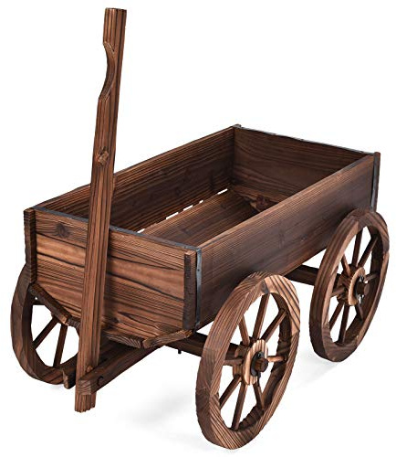 DREAMADE Brouette à Fleurs en Sapin, Wagon de Jardinière en Bois Carbonisé avec Poignée Réglable et 4 Roues, Chariot à Fleurs avec Trou de Drainage, pour Jardin,Terrasse,Balcon