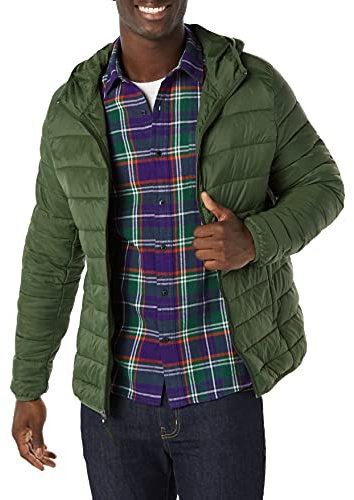 Amazon Essentials Chaqueta Acolchada con Capucha, Plegable, Ligera y Resistente a la Lluvia Hombre, Verde Oliva Oscuro, M