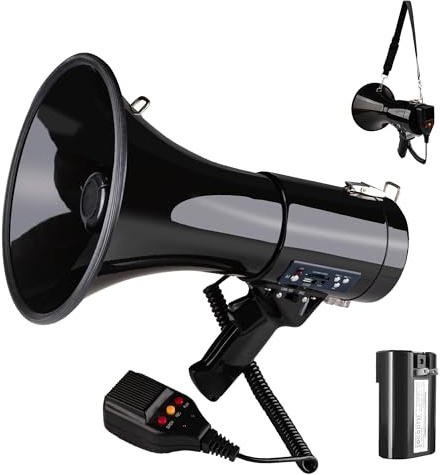 Loudmore Professional 50 Watt Megaphone Bullhorn with Detachable Microphone, USB/SD/MMC Reader, AUX Input, Recording and Siren - Perfect for Indoor/Outdoor Sporting Events and Crowd Control (Black)