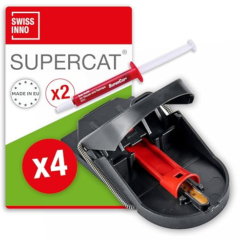 SWISSINNO Trappola per Topi PRO SuperCat – 4 trappole a scatto con esca al burro di arachidi – Sistema Easy Catch senza falsi scatti – Riutilizzabili igieniche affidabili – Include 2 siringhe di esca